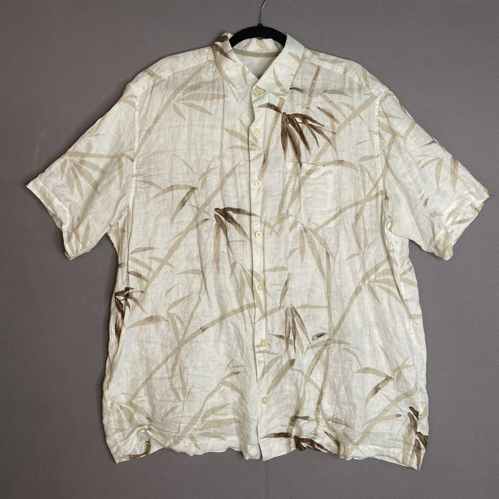 Tommy Bahama Shirt Mens XL Beige 100% Linen Bamboo Print Hawaiian Aloha Tropical